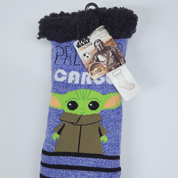 Star Wars Mandalorian Grogu Fuzzy Babba Slipper Socks Womens 9-11 Blue NEW - Picture 3 of 12
